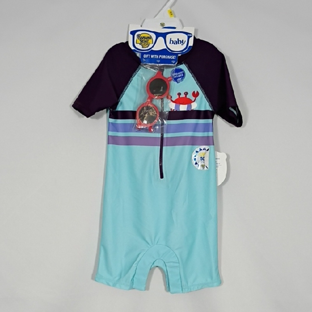 NWT Banana Boat Baby Boys Crab Print Short Sleeve Sunsuit Sunglasses Sz 24 Month